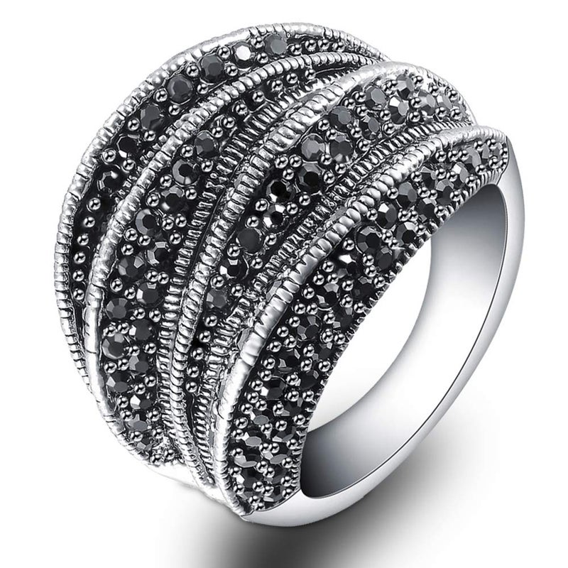 Mytys Marcasite Rings for Women Retro Black Onyx Cocktail Band Ring Statement Rings for Women (marcasite size 7) - Image 1